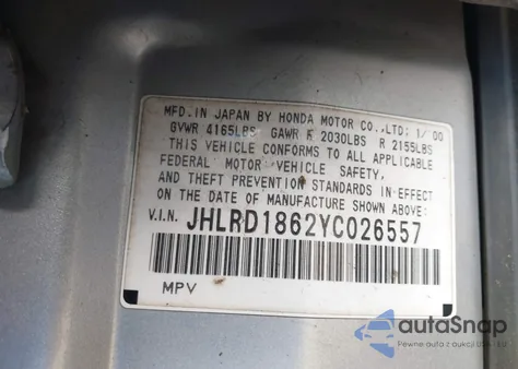 2000 Honda Cr-V Ex z USA, uszkodzony, nr VIN JHLRD1862YC026557